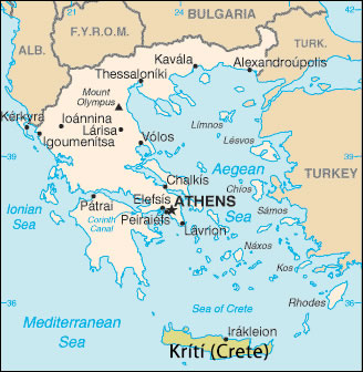 The location of Crete in the Mediterranean sea